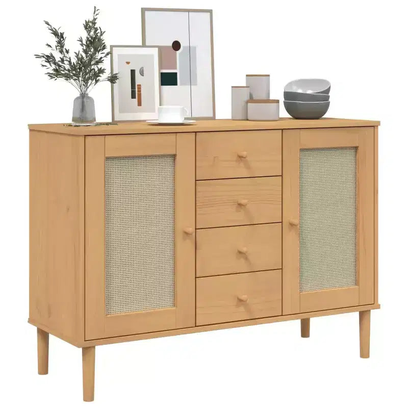 Credenza Buffet Contenitore Effetto Rattan Legno Massello di Pino, Con 4 Cassetti