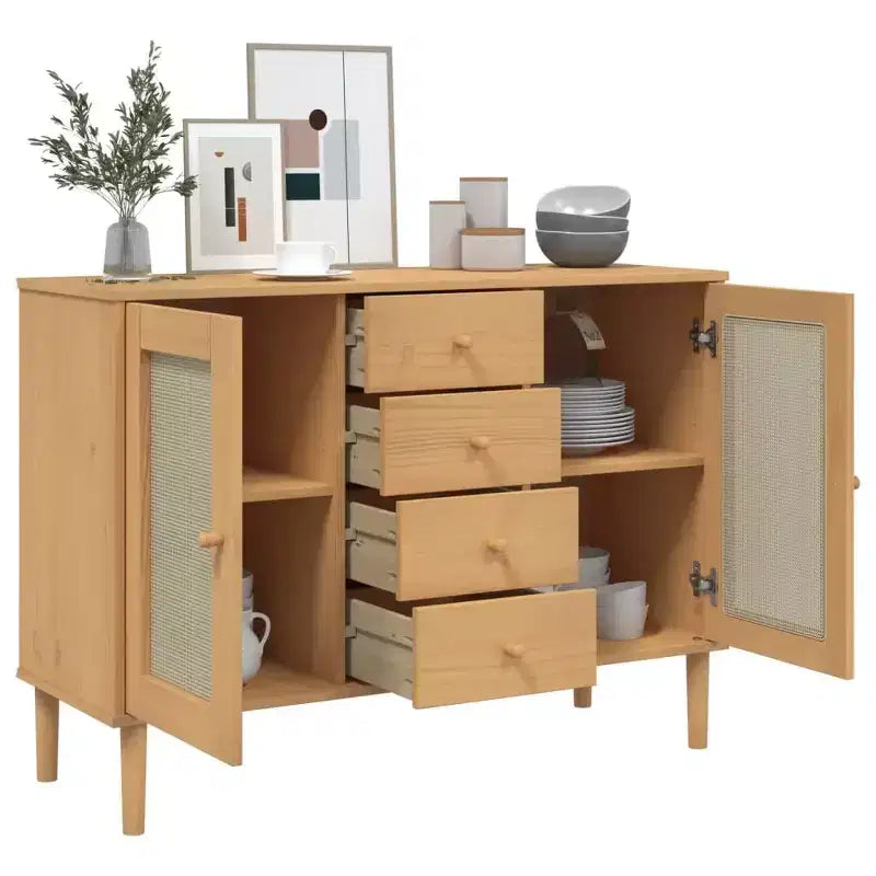 Credenza Buffet Contenitore Effetto Rattan Legno Massello di Pino, Con 4 Cassetti