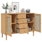 Credenza Buffet Contenitore Effetto Rattan Legno Massello di Pino, Con 4 Cassetti