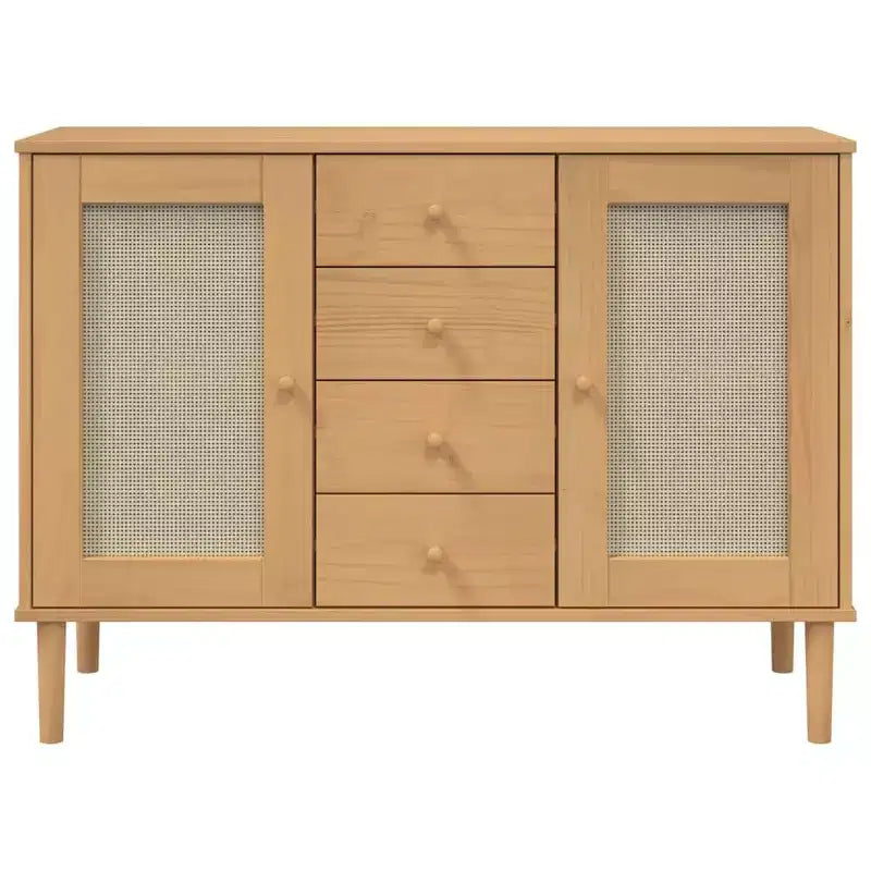 Credenza Buffet Contenitore Effetto Rattan Legno Massello di Pino, Con 4 Cassetti