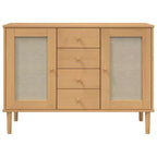 Credenza Buffet Contenitore Effetto Rattan Legno Massello di Pino, Con 4 Cassetti