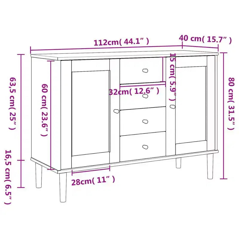Credenza Buffet Contenitore Effetto Rattan Legno Massello di Pino, Con 4 Cassetti