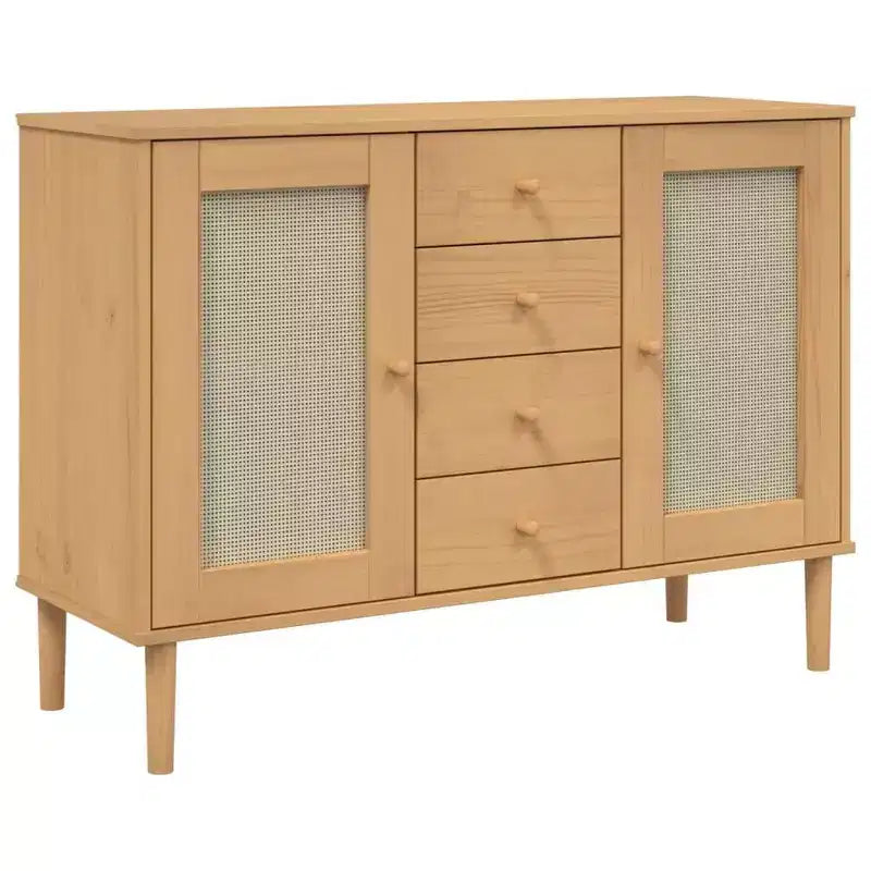 Credenza Buffet Contenitore Effetto Rattan Legno Massello di Pino, Con 4 Cassetti