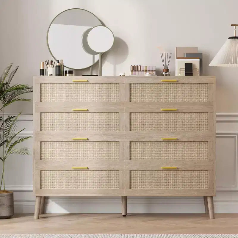 8-Drawers Rattan Dresser for Bedroom, 47 Inch Modern Chest of Drawers with Metal Handle, Wooden Dresser TV Stand