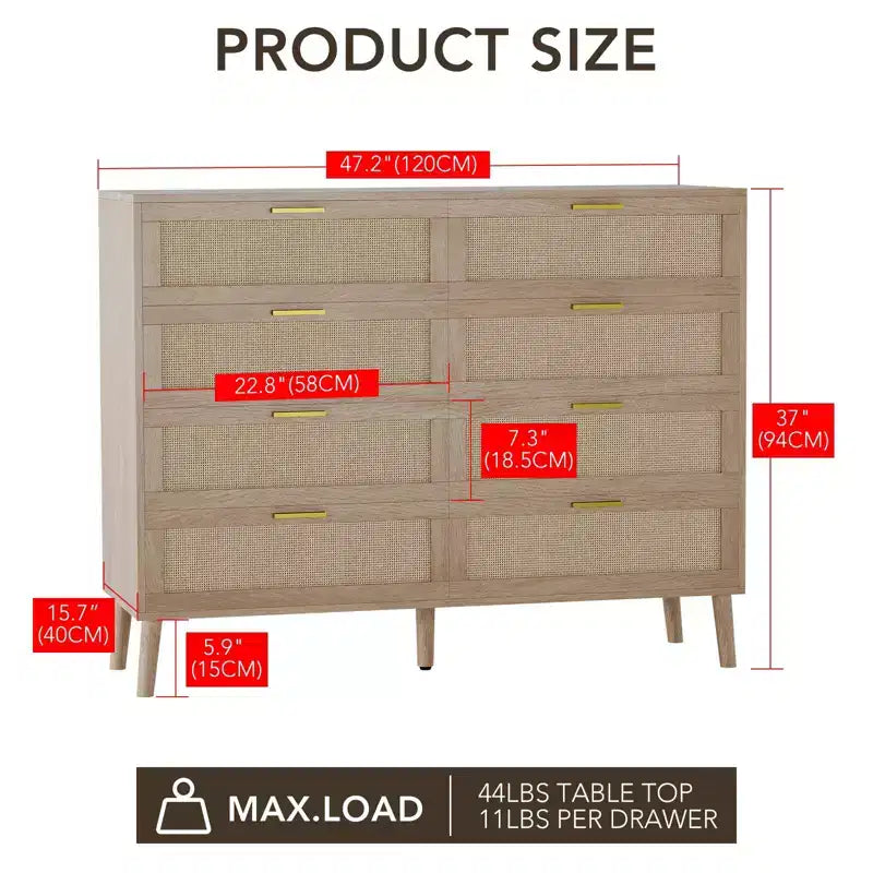 Comò in Rattan a 8 Cassetti per Camera da Letto, Comò Moderno da 47 Pollici con Maniglie in Metallo, Comò in Legno Mobile Porta TV