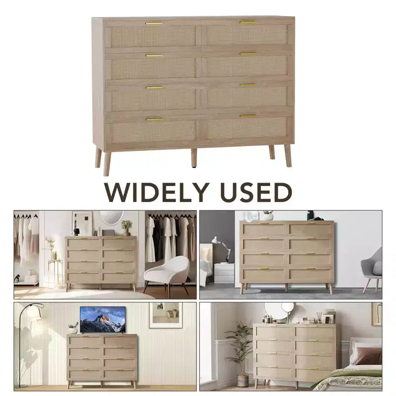 Comò in Rattan a 8 Cassetti per Camera da Letto, Comò Moderno da 47 Pollici con Maniglie in Metallo, Comò in Legno Mobile Porta TV