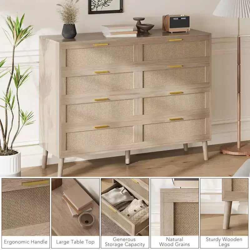 Comò in Rattan a 8 Cassetti per Camera da Letto, Comò Moderno da 47 Pollici con Maniglie in Metallo, Comò in Legno Mobile Porta TV