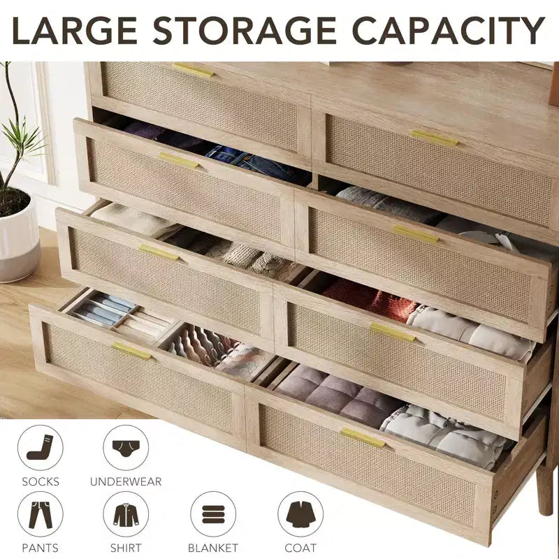 Comò in Rattan a 8 Cassetti per Camera da Letto, Comò Moderno da 47 Pollici con Maniglie in Metallo, Comò in Legno Mobile Porta TV