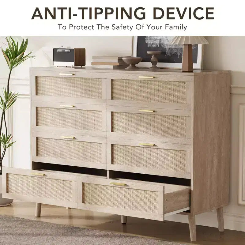 Comò in Rattan a 8 Cassetti per Camera da Letto, Comò Moderno da 47 Pollici con Maniglie in Metallo, Comò in Legno Mobile Porta TV