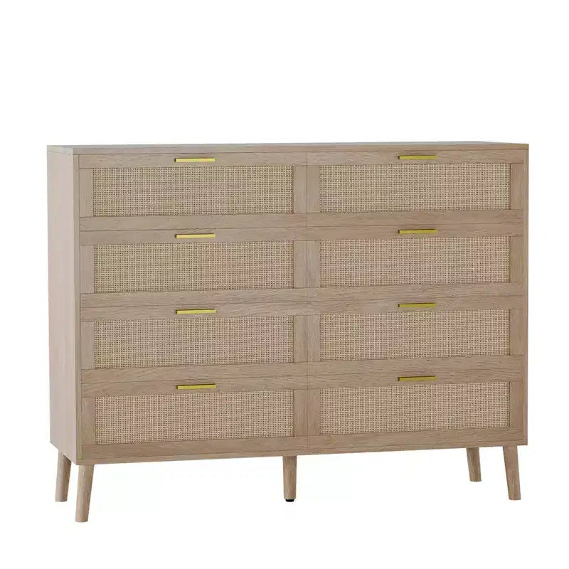 Comò in Rattan a 8 Cassetti per Camera da Letto, Comò Moderno da 47 Pollici con Maniglie in Metallo, Comò in Legno Mobile Porta TV