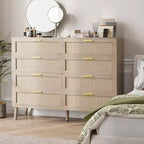 Comò in Rattan a 8 Cassetti per Camera da Letto, Comò Moderno da 47 Pollici con Maniglie in Metallo, Comò in Legno Mobile Porta TV