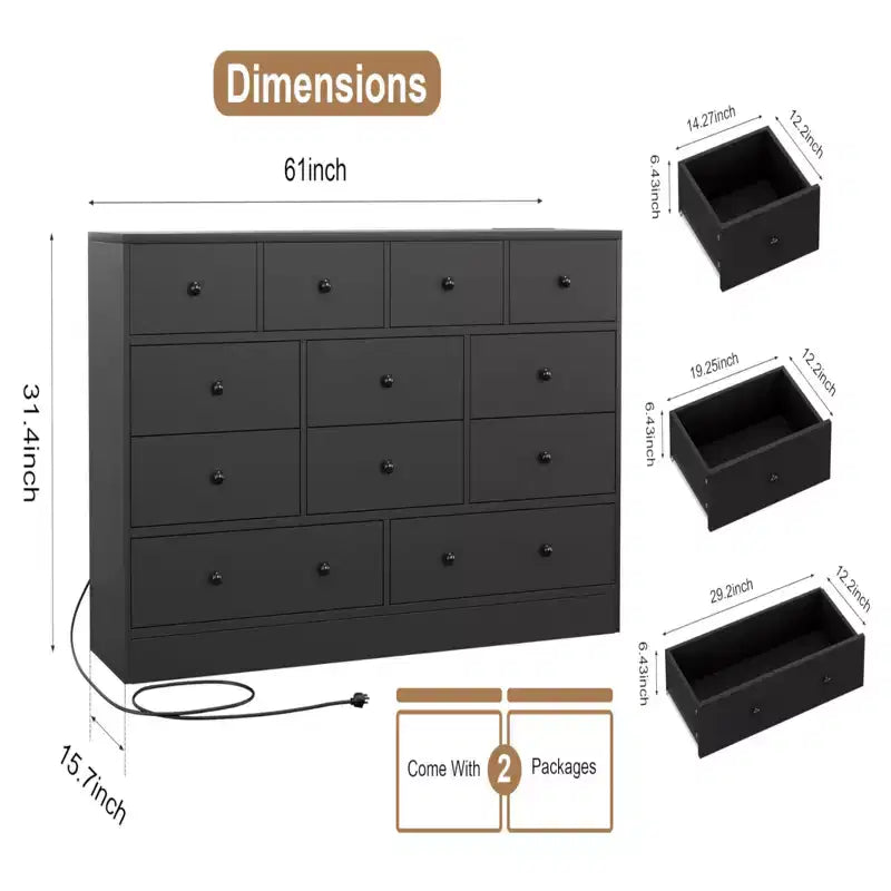 Cassettiera a 12 cassetti con presa di corrente, Comò a 61 cassetti in legno per camera da letto, soggiorno, corridoio, Organizzatore di grande capacità