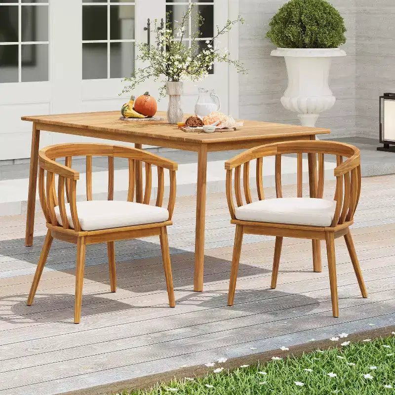 Christopher Knight Home Laura Outdoor Acacia Wood Slatted Curved Backrest Dining Chair with Cushion (Set of 2)