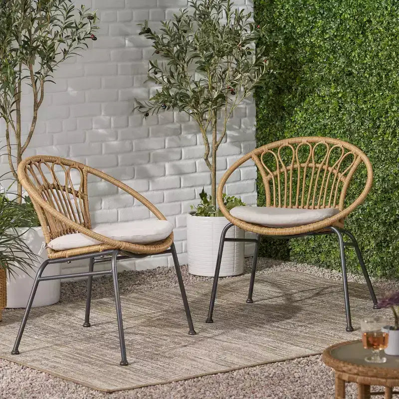 GDFStudio Beulah Outdoor Wicker and Iron Dining Chairs with Cushion (Set of 2), Light Brown/Beige