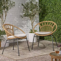 GDFStudio Beulah Outdoor Wicker and Iron Dining Chairs with Cushion (Set of 2), Light Brown/Beige