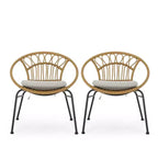 Sedie da pranzo GDFStudio Beulah in vimini e ferro da esterno con cuscino (set di 2), marrone chiaro/beige