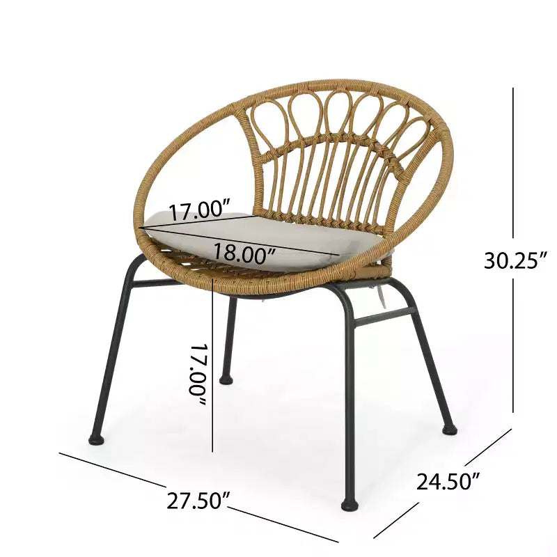 Sedie da pranzo GDFStudio Beulah in vimini e ferro da esterno con cuscino (set di 2), marrone chiaro/beige