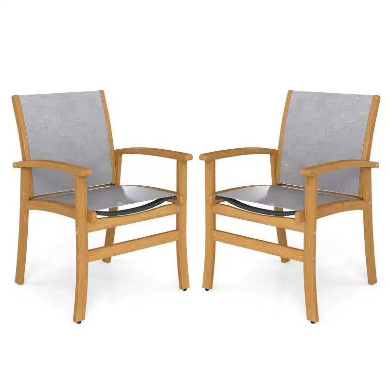 Costway 2/4 PCS Outdoor Dining Chairs Acacia Wood Patio Chairs with Breathable Fabric Seat Brown/Yellow