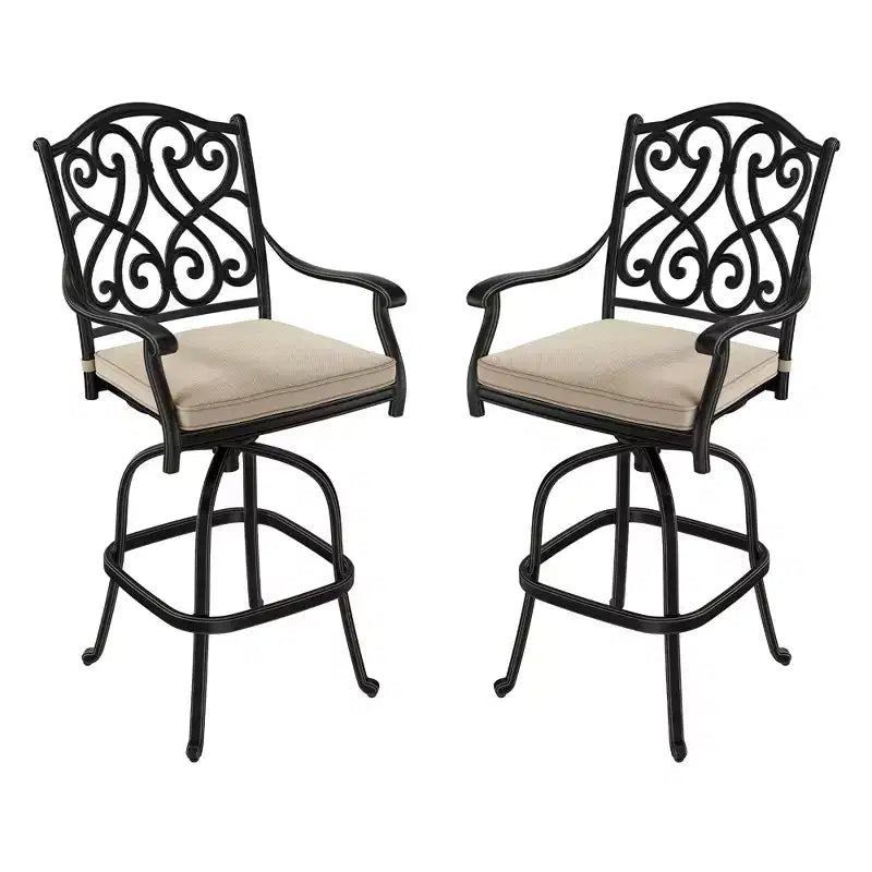 CLIHOME Cast Aluminum Patio Vintage Carved Backrest High Bar Chair with Sofa Cushions(Set of 2)