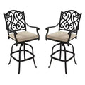 CLIHOME Cast Aluminum Patio Vintage Carved Backrest High Bar Chair with Sofa Cushions(Set of 2)