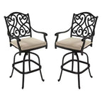 CLIHOME Cast Aluminum Patio Vintage Carved Backrest High Bar Chair with Sofa Cushions(Set of 2)