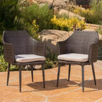 Christopher Knight Home Kenneth Outdoor Rattan and Iron Dining Chairs with Water-Resistant Cushions (Set of 2)