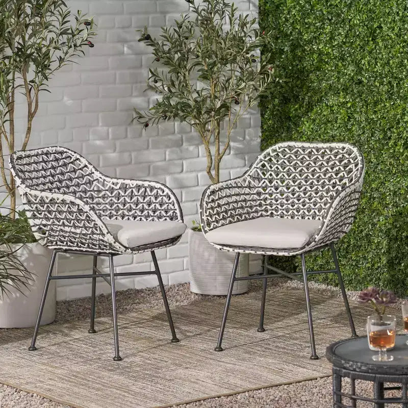 GDFStudio Hardaway Outdoor Wicker and Iron Dining Chairs with Cushion (Set of 2)