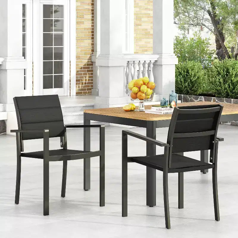 GDFStudio Nicole Outdoor Mesh and Aluminum Modern Dining Chairs with Wood Armrests