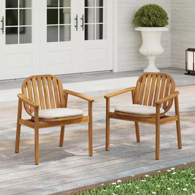 Christopher Knight Home Kaysn Outdoor Acacia Wood Dining Chairs with Cushions and Slatted Back (Set of 2)
