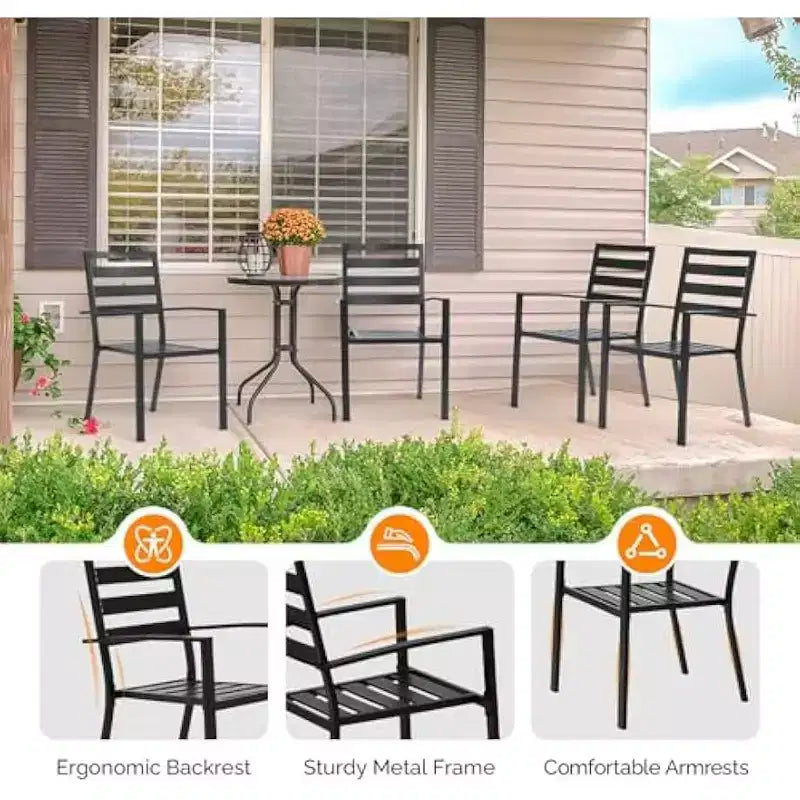 VINGLI Sedie da Pranzo da Esterno Set da 4, Sedie da Giardino con Braccioli con Struttura in Metallo, Sedie da Pranzo da Giardino per Cortile, Portico Anteriore e Terrazzo, Nero