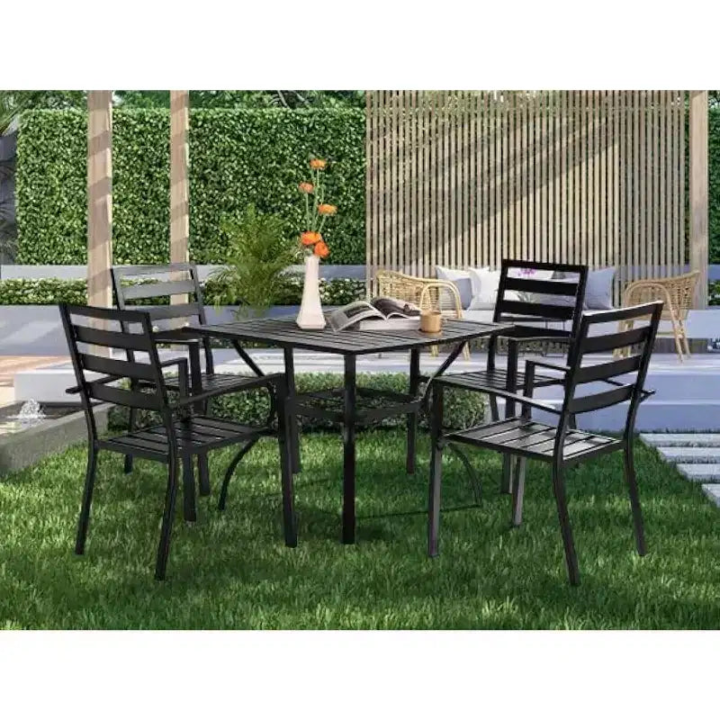 VINGLI Sedie da Pranzo da Esterno Set da 4, Sedie da Giardino con Braccioli con Struttura in Metallo, Sedie da Pranzo da Giardino per Cortile, Portico Anteriore e Terrazzo, Nero