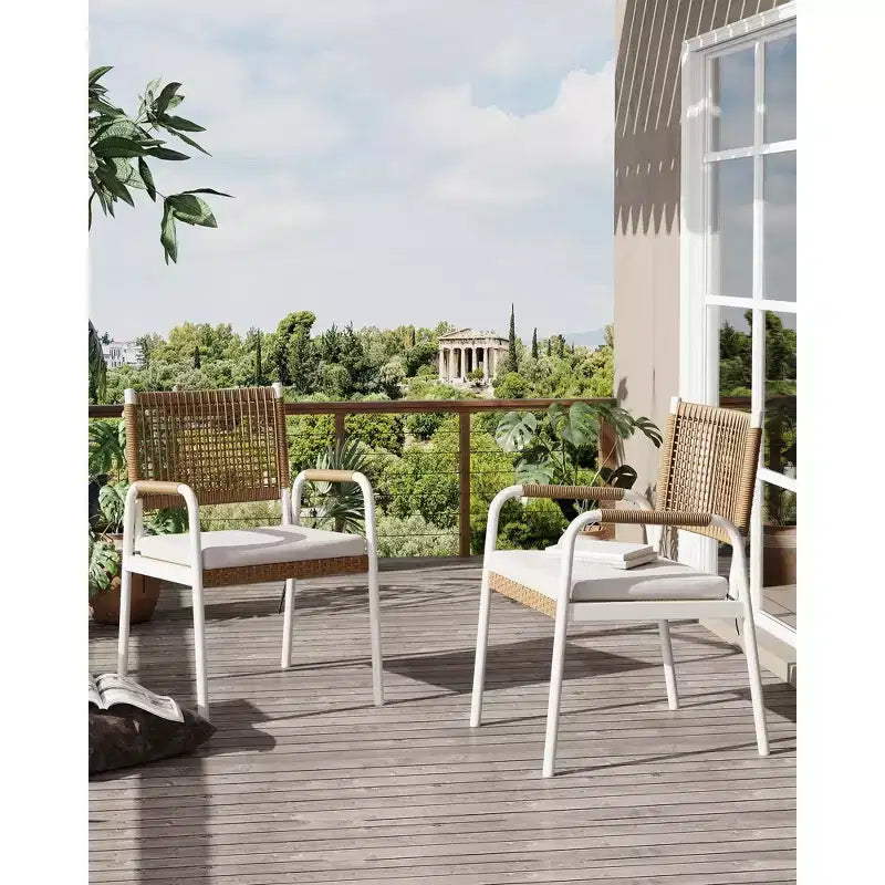 TROPOW Chaises de salle à manger d'extérieur, lot de 2 chaises en rotin tressé toutes saisons avec cadre en métal, chaise de salle à manger d'extérieur avec coussin pour intérieur et jardin
