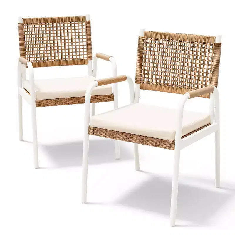 TROPOW Chaises de salle à manger d'extérieur, lot de 2 chaises en rotin tressé toutes saisons avec cadre en métal, chaise de salle à manger d'extérieur avec coussin pour intérieur et jardin
