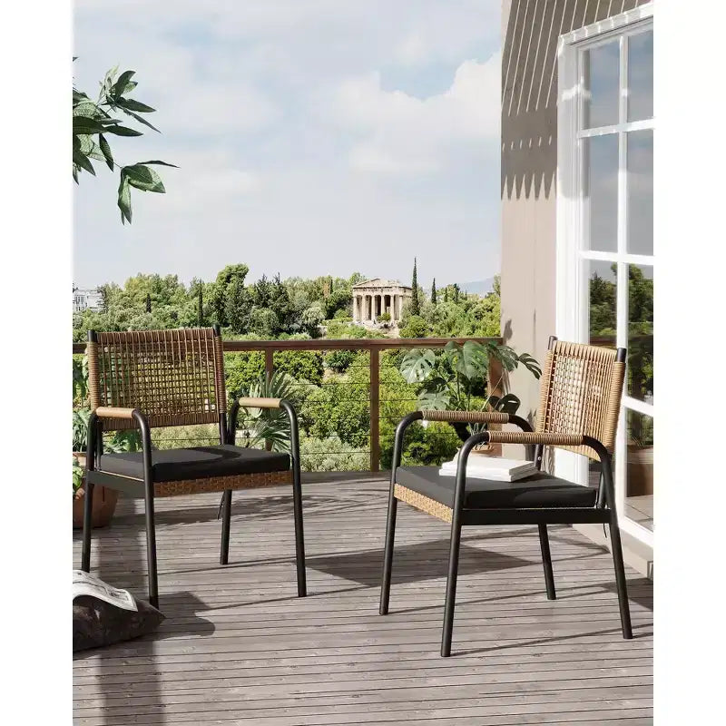 TROPOW Chaises de salle à manger d'extérieur, lot de 2 chaises en rotin tressé toutes saisons avec cadre en métal, chaise de salle à manger d'extérieur avec coussin pour intérieur et jardin