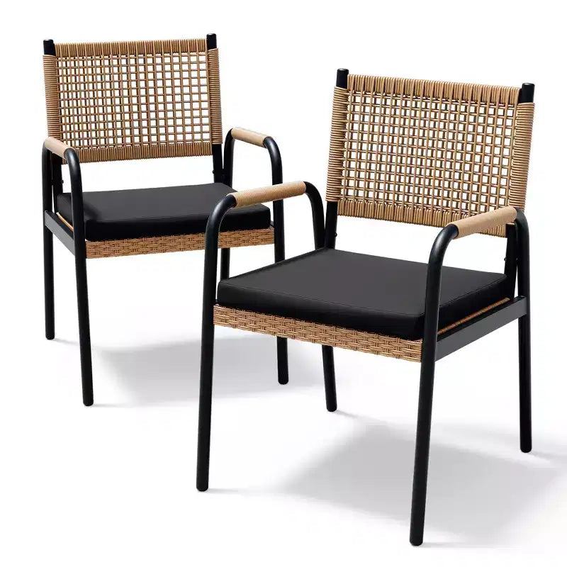 TROPOW Chaises de salle à manger d'extérieur, lot de 2 chaises en rotin tressé toutes saisons avec cadre en métal, chaise de salle à manger d'extérieur avec coussin pour intérieur et jardin