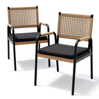 TROPOW Chaises de salle à manger d'extérieur, lot de 2 chaises en rotin tressé toutes saisons avec cadre en métal, chaise de salle à manger d'extérieur avec coussin pour intérieur et jardin