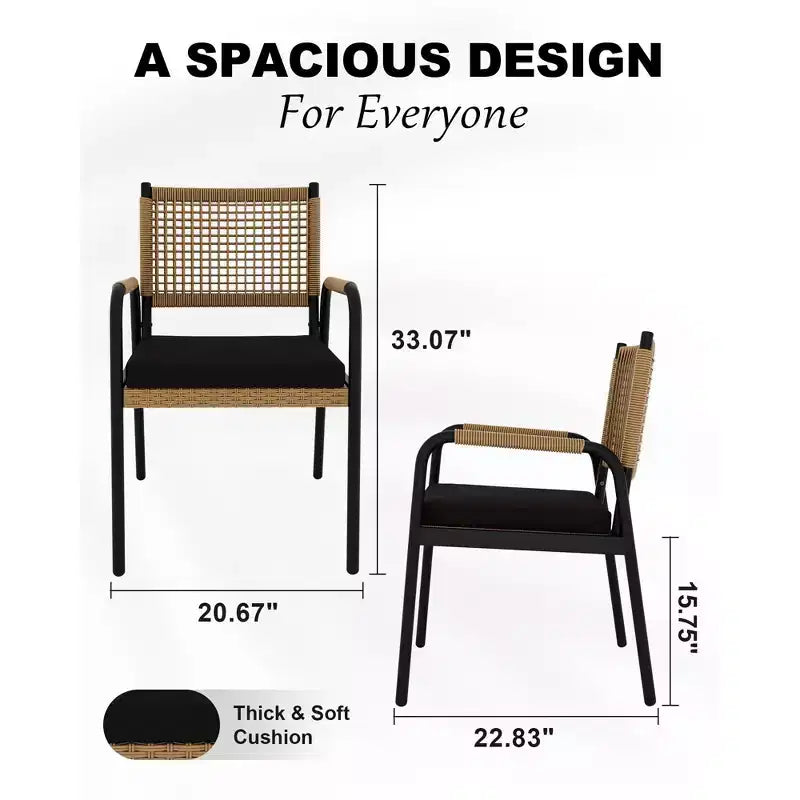 TROPOW Chaises de salle à manger d'extérieur, lot de 2 chaises en rotin tressé toutes saisons avec cadre en métal, chaise de salle à manger d'extérieur avec coussin pour intérieur et jardin
