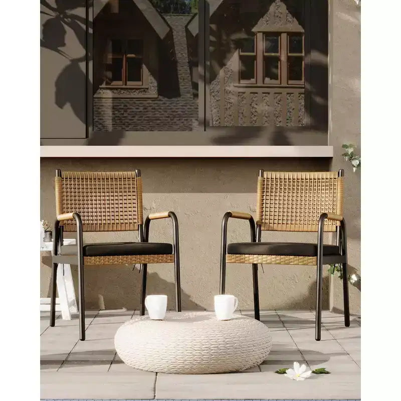 TROPOW Chaises de salle à manger d'extérieur, lot de 2 chaises en rotin tressé toutes saisons avec cadre en métal, chaise de salle à manger d'extérieur avec coussin pour intérieur et jardin
