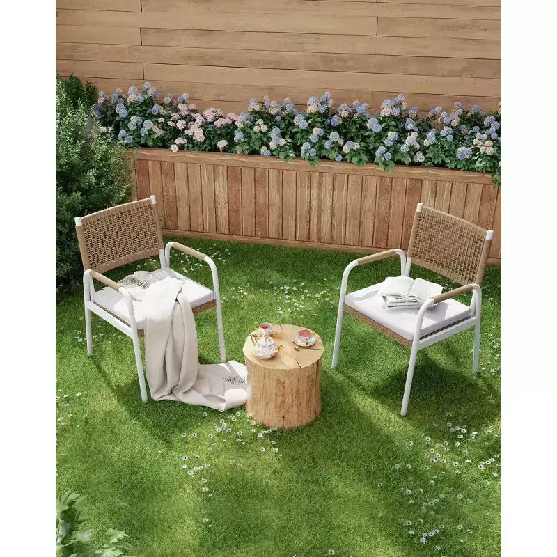 TROPOW Chaises de salle à manger d'extérieur, lot de 2 chaises en rotin tressé toutes saisons avec cadre en métal, chaise de salle à manger d'extérieur avec coussin pour intérieur et jardin