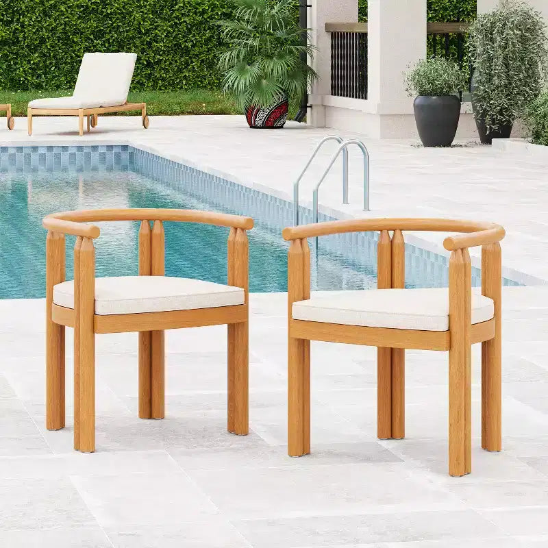 Christopher Knight Home Dravik Rustic Patio Acacia Wood Armrest Dining Chairs with Curved Back and Cushions (Set of 2)