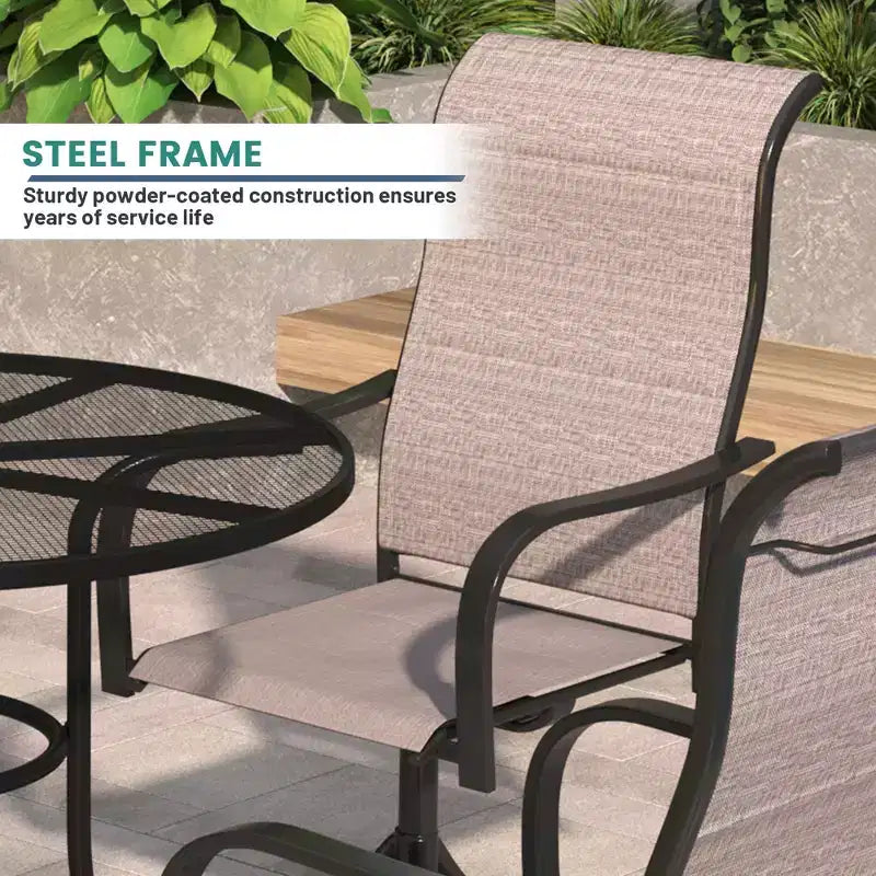 Chaises de salle à manger pivotantes et à bascule Mondawe 2 pièces pour patio extérieur, chaises de salle à manger pivotantes en fer et textilène à dossier haut et rotation à 360° (ensemble de 2)