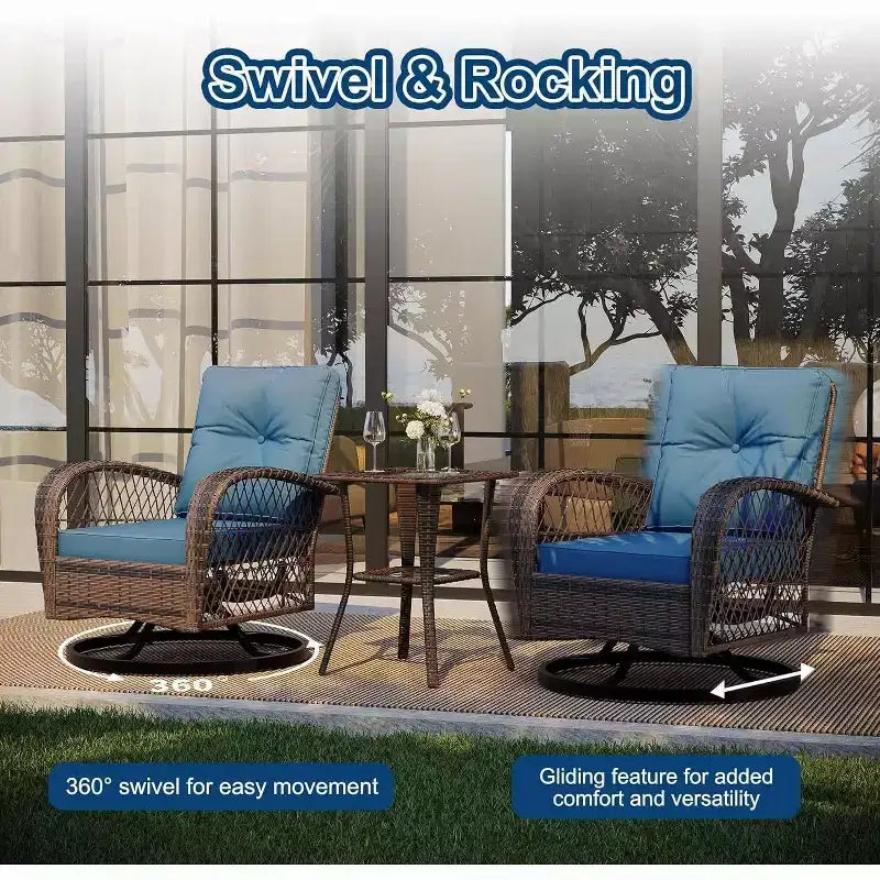 Set di 3 poltrone a dondolo girevoli da esterno Acekool con tavolino laterale, sedie in vimini con cuscini spessi, rosse
