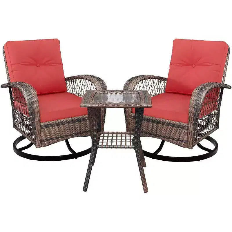 Set di 3 poltrone a dondolo girevoli da esterno Acekool con tavolino laterale, sedie in vimini con cuscini spessi, rosse