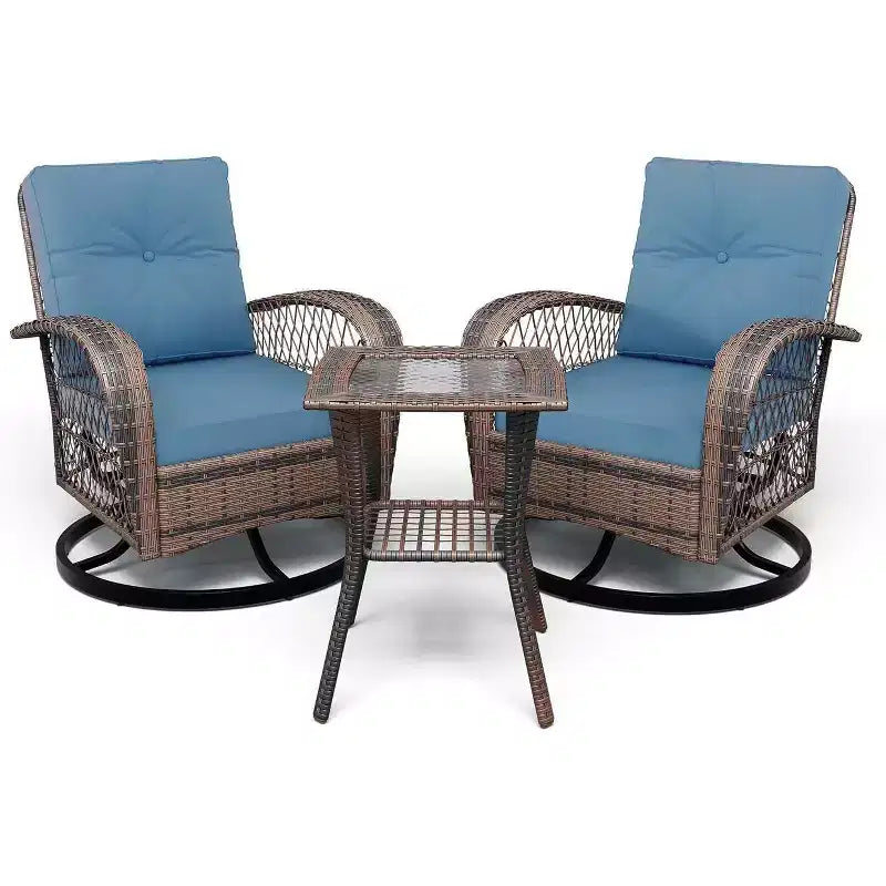Set di 3 poltrone a dondolo girevoli da esterno Acekool con tavolino laterale, sedie in vimini con cuscini spessi, rosse