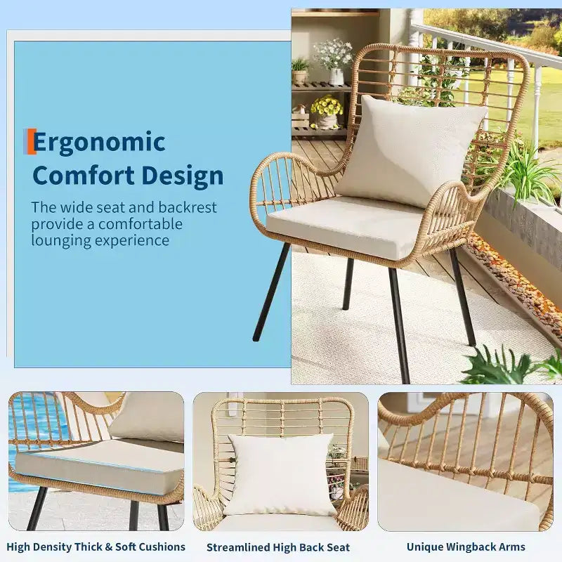 Set di 2 sedie da esterno Acekool in vimini boho con cuscini spessi e cuscini decorativi, sedie in rattan per tutte le stagioni per patio e bordo piscina, marrone