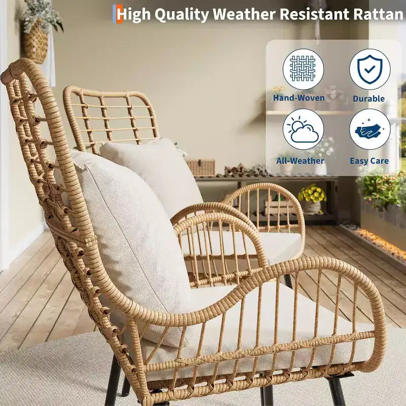 Set di 2 sedie da esterno Acekool in vimini boho con cuscini spessi e cuscini decorativi, sedie in rattan per tutte le stagioni per patio e bordo piscina, marrone