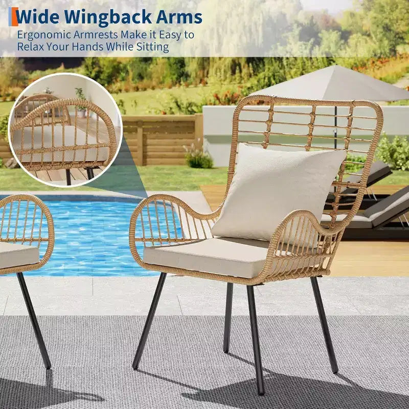 Set di 2 sedie da esterno Acekool in vimini boho con cuscini spessi e cuscini decorativi, sedie in rattan per tutte le stagioni per patio e bordo piscina, marrone