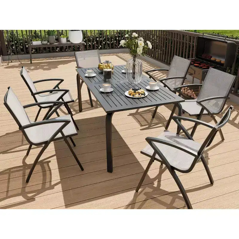 Acekool Set da pranzo da patio in alluminio a 2 pezzi - Tavolo da esterno con 2 sedie impilabili, foro per ombrellone, nero