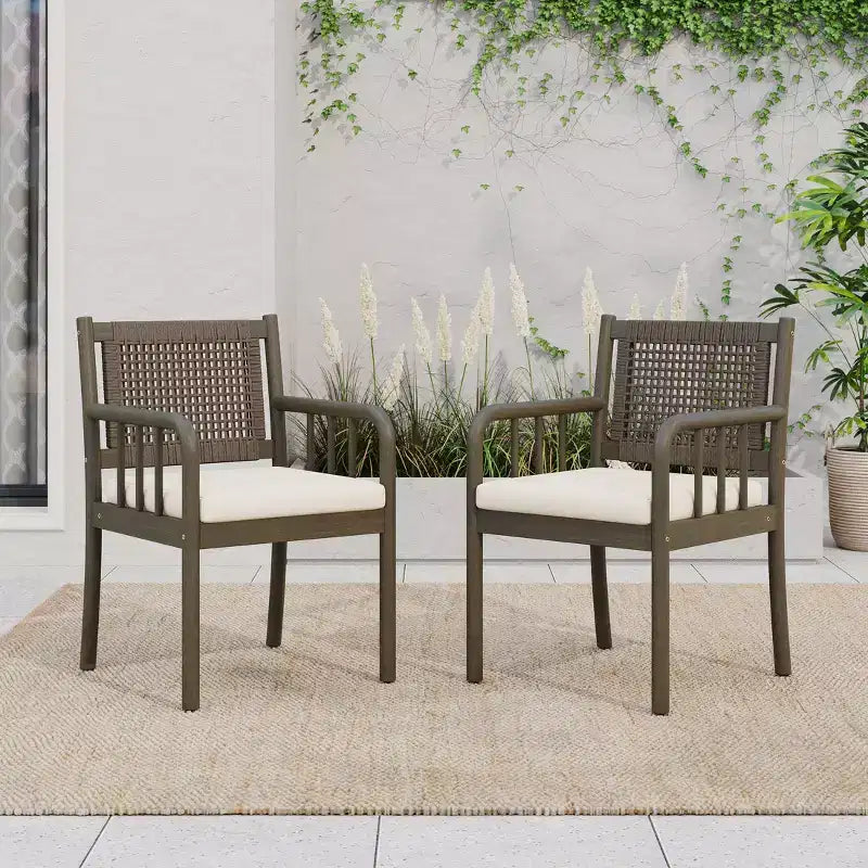 Christopher Knight Home Mara Rustic Outdoor Acacia Wood Rattan Dining Chairs with Cushions (Set of 2)