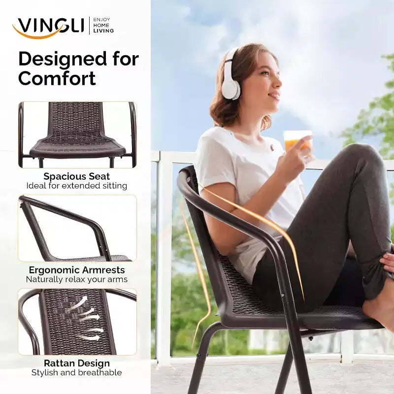 VINGLI Set di 1 sedia da pranzo da esterno in rattan, sedie da patio impilabili in plastica PE resistente con schienale comodo per portico, giardino, marrone